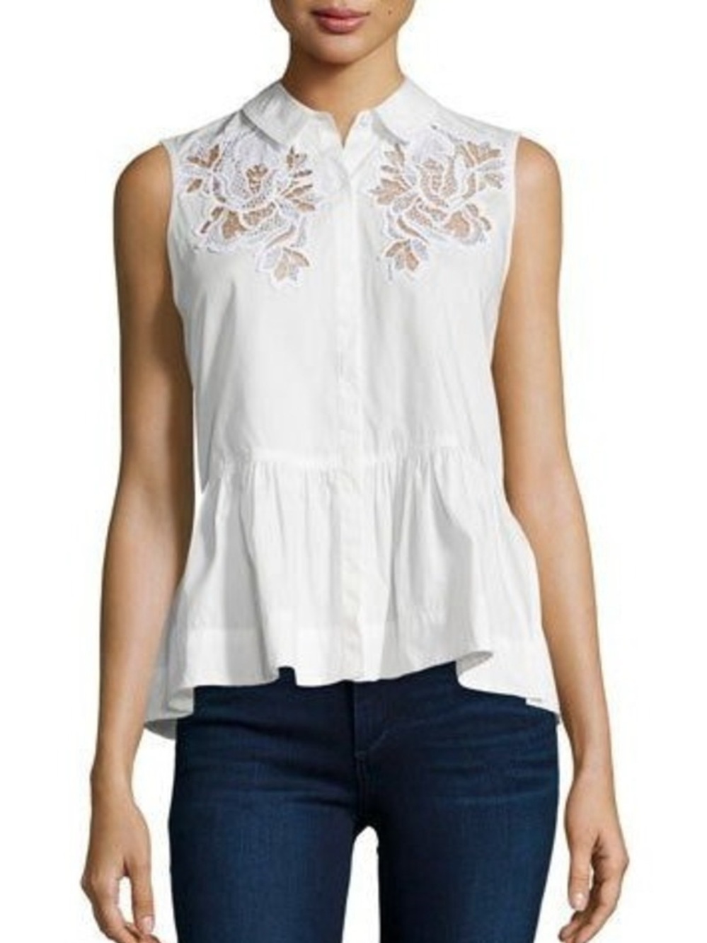 Rebecca Taylor White Sleeveless Peplum Blouse with Floral Lace Yoke